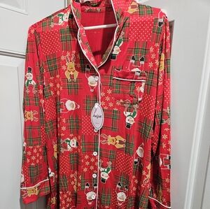 Anjue Button Down Boyfriend Style Christmas Pyjama Sleep Shirt